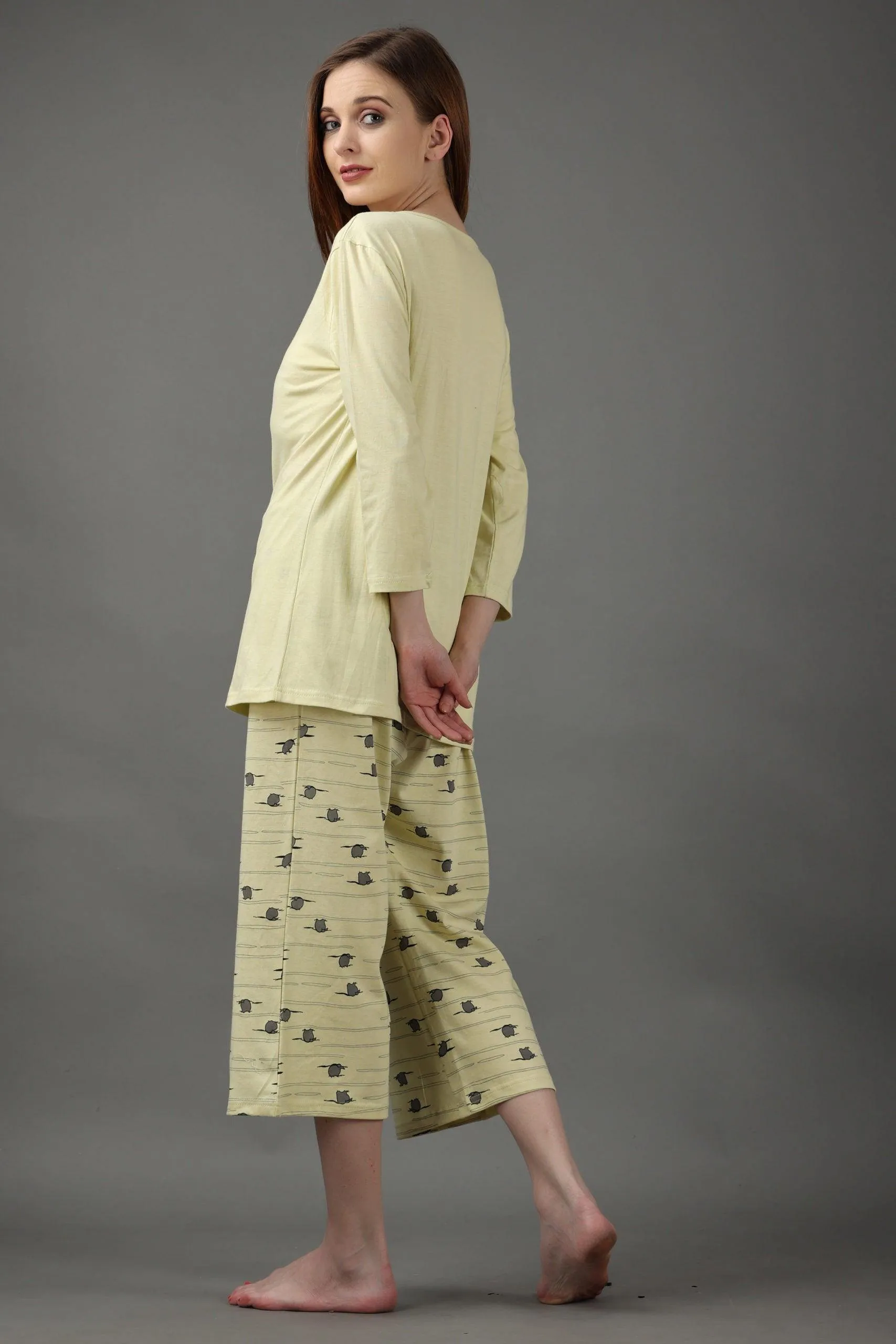 Lemon Yellow Penguin Printed Night Suit Set with Three Quarter Pyjamas
