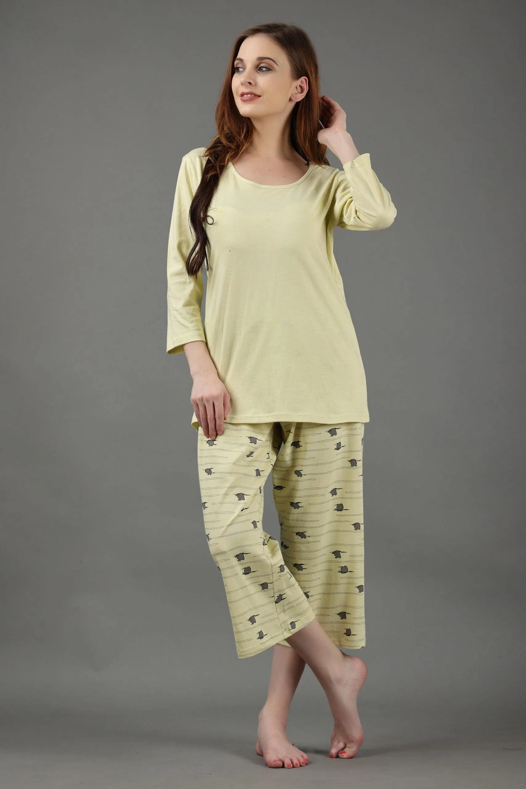 Lemon Yellow Penguin Printed Night Suit Set with Three Quarter Pyjamas