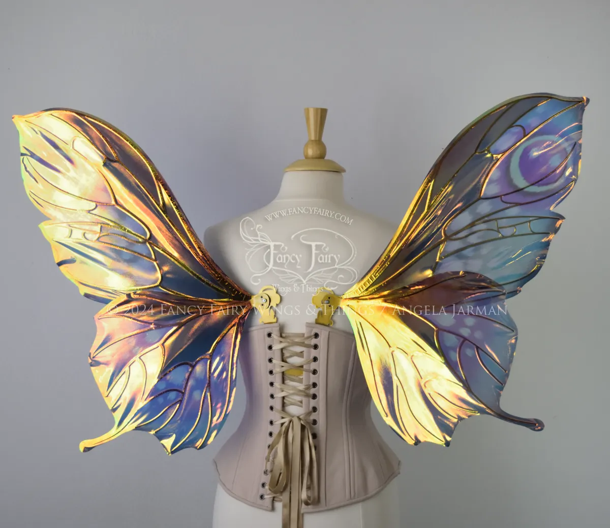 Pansy Iridescent Convertible Fairy Wings in 'Water Lily' with Gold Veins, Ready to Ship