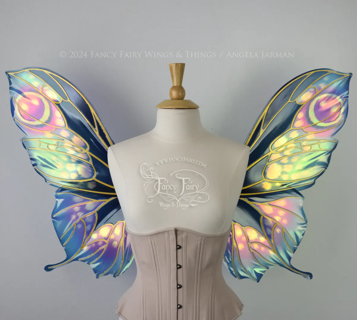 Pansy Iridescent Convertible Fairy Wings in 'Water Lily' with Gold Veins, Ready to Ship