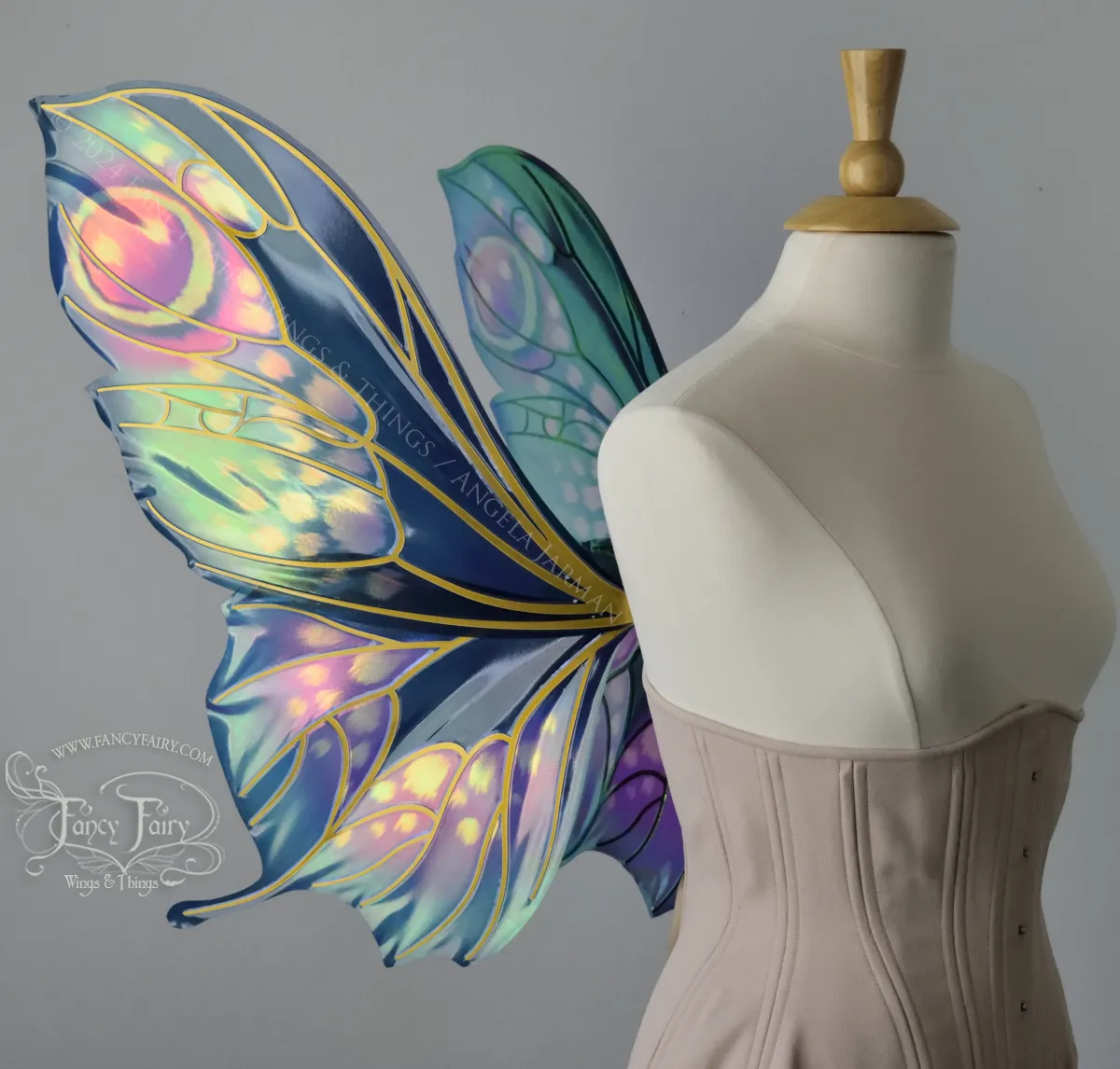 Pansy Iridescent Convertible Fairy Wings in 'Water Lily' with Gold Veins, Ready to Ship