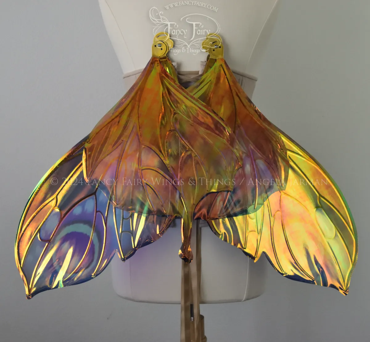 Pansy Iridescent Convertible Fairy Wings in 'Water Lily' with Gold Veins, Ready to Ship