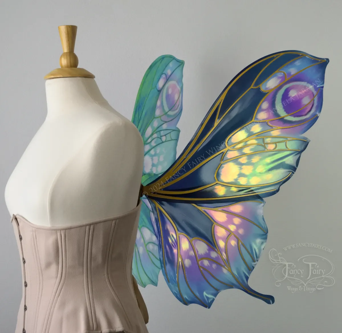 Pansy Iridescent Convertible Fairy Wings in 'Water Lily' with Gold Veins, Ready to Ship