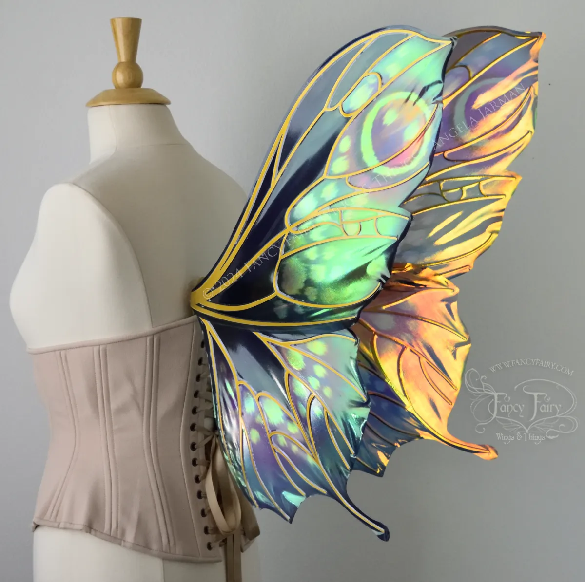 Pansy Iridescent Convertible Fairy Wings in 'Water Lily' with Gold Veins, Ready to Ship