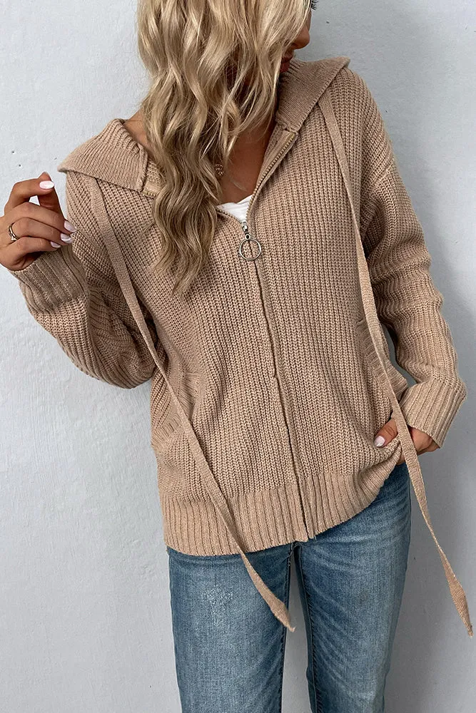 Plain Front Open Zipper Hooded Sweater Cardigans