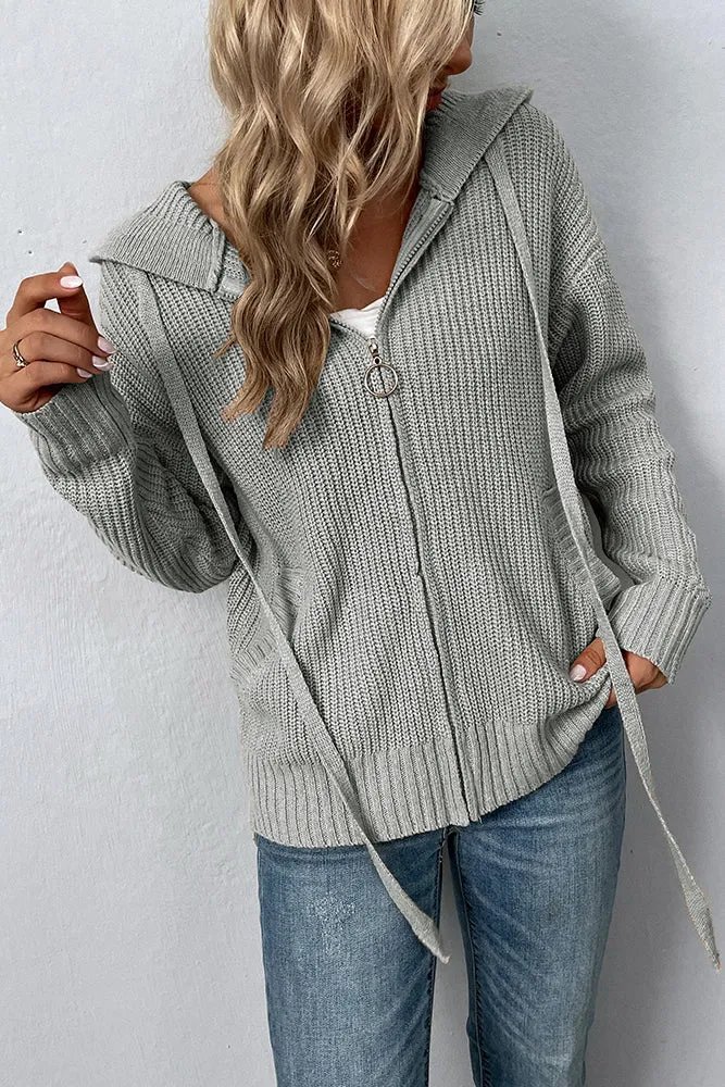 Plain Front Open Zipper Hooded Sweater Cardigans
