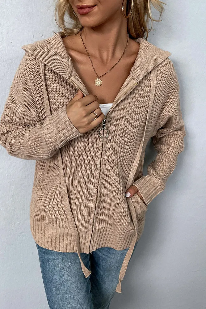 Plain Front Open Zipper Hooded Sweater Cardigans