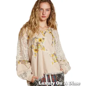 POL Lace Hoodie Star Floral Daisy Patchwork Pullover Top Long Sleeve Boho Shirt