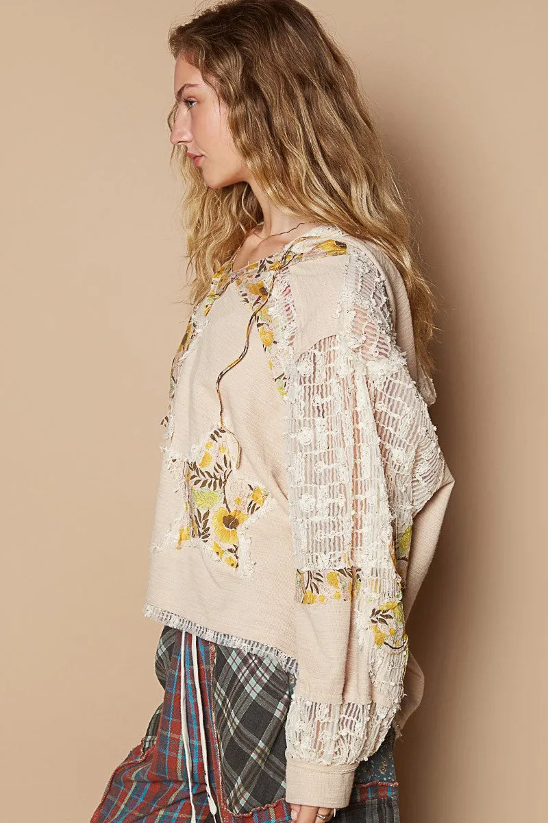 POL Lace Hoodie Star Floral Daisy Patchwork Pullover Top Long Sleeve Boho Shirt