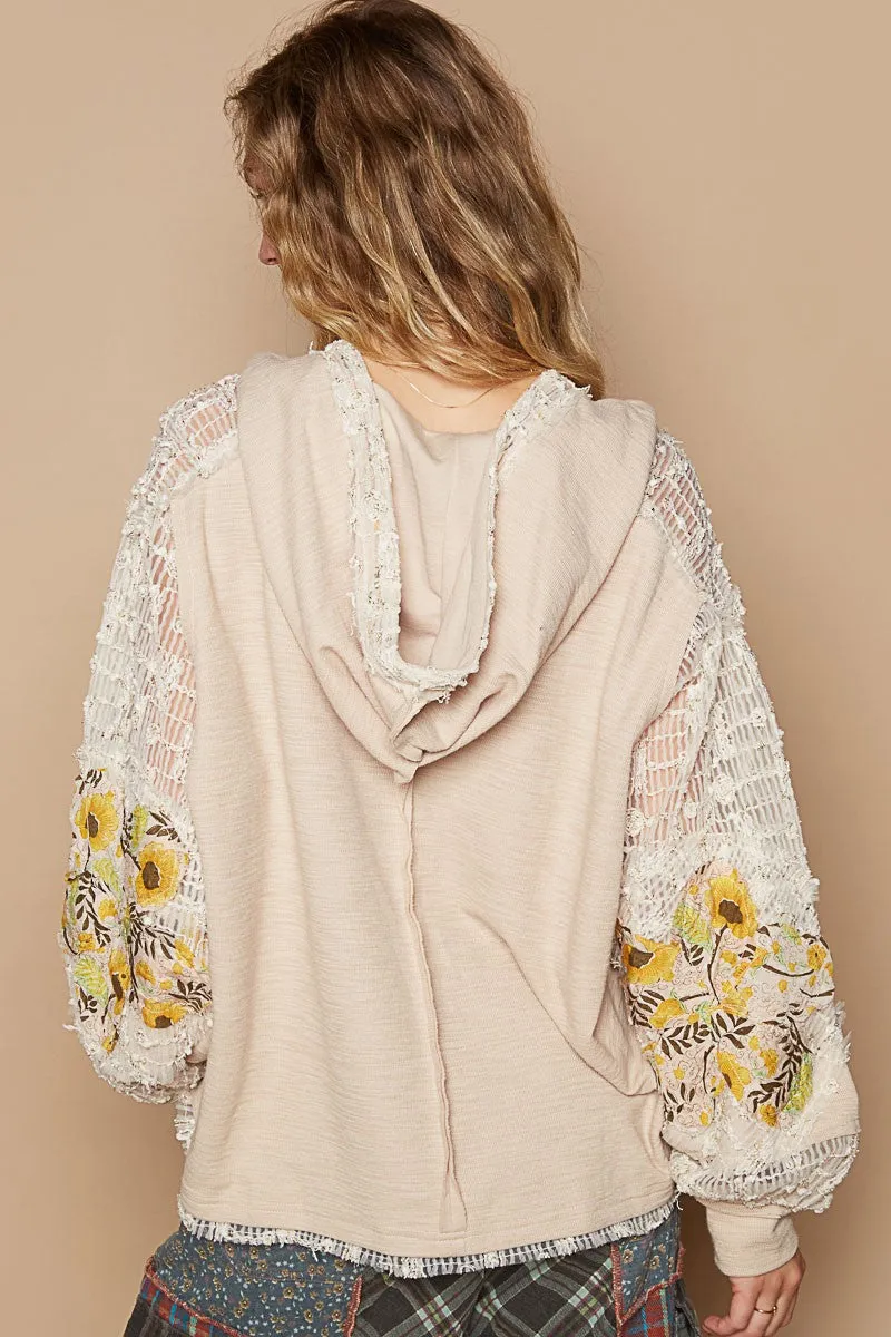 POL Lace Hoodie Star Floral Daisy Patchwork Pullover Top Long Sleeve Boho Shirt