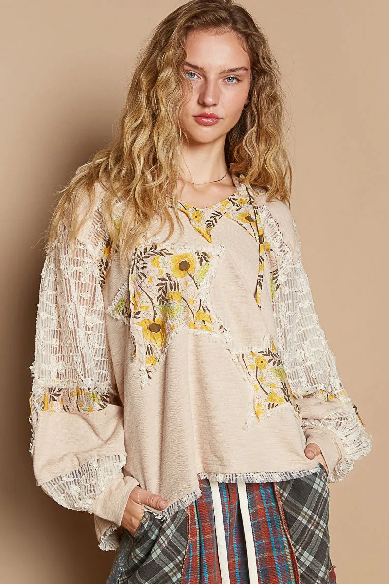 POL Lace Hoodie Star Floral Daisy Patchwork Pullover Top Long Sleeve Boho Shirt