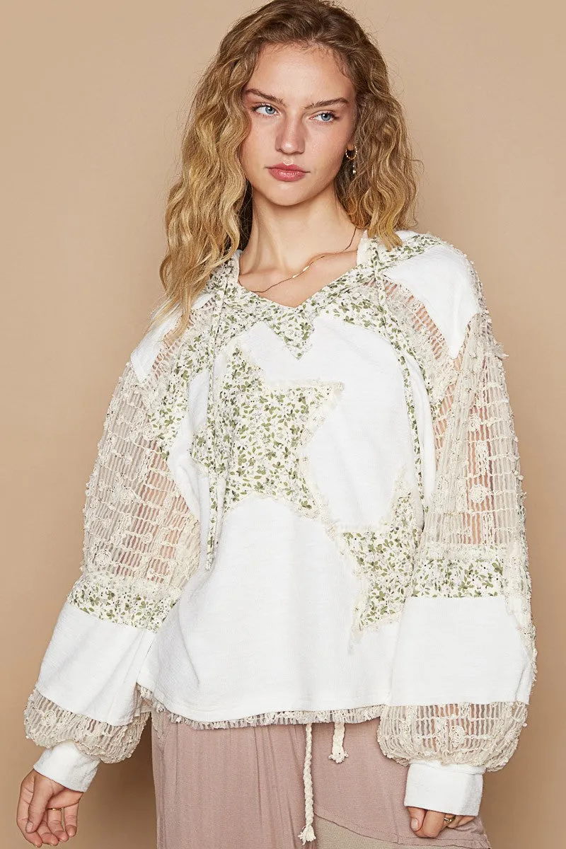 POL Lace Hoodie Star Floral Patchwork Pullover Hippie Top Long Sleeve Boho Shirt