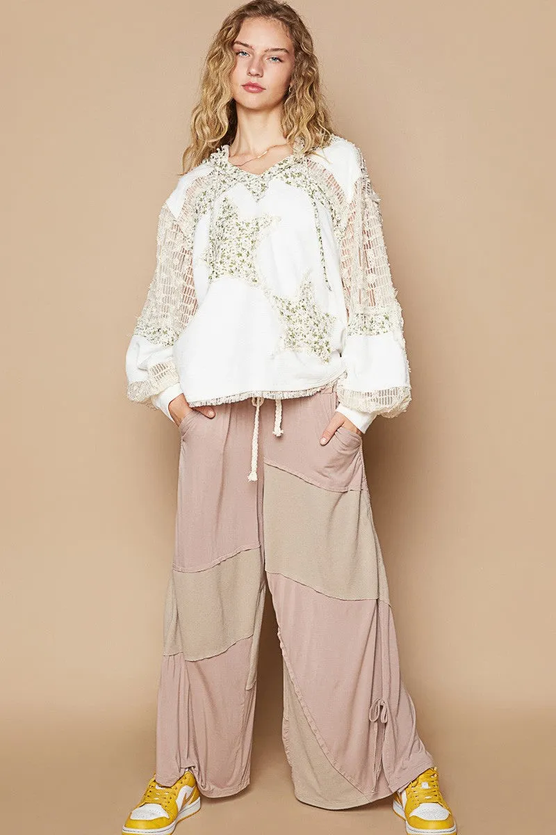 POL Lace Hoodie Star Floral Patchwork Pullover Hippie Top Long Sleeve Boho Shirt