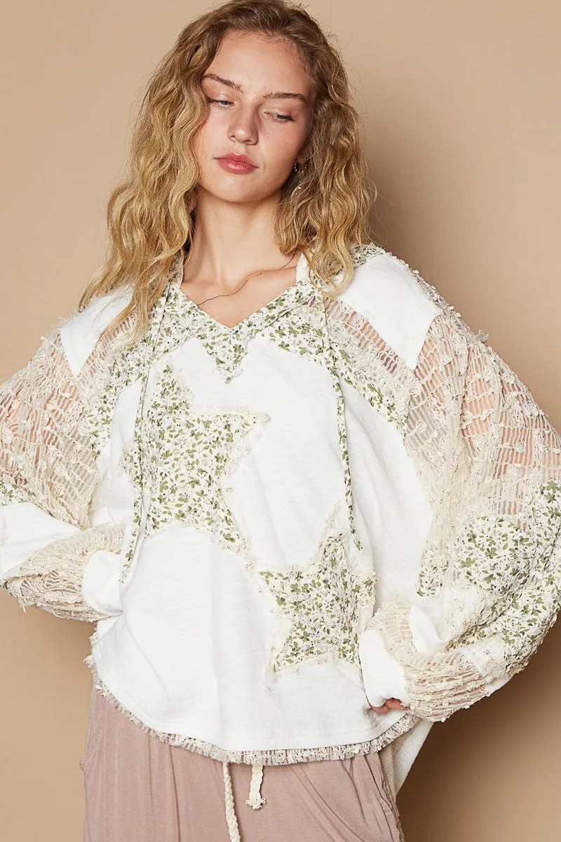 POL Lace Hoodie Star Floral Patchwork Pullover Hippie Top Long Sleeve Boho Shirt