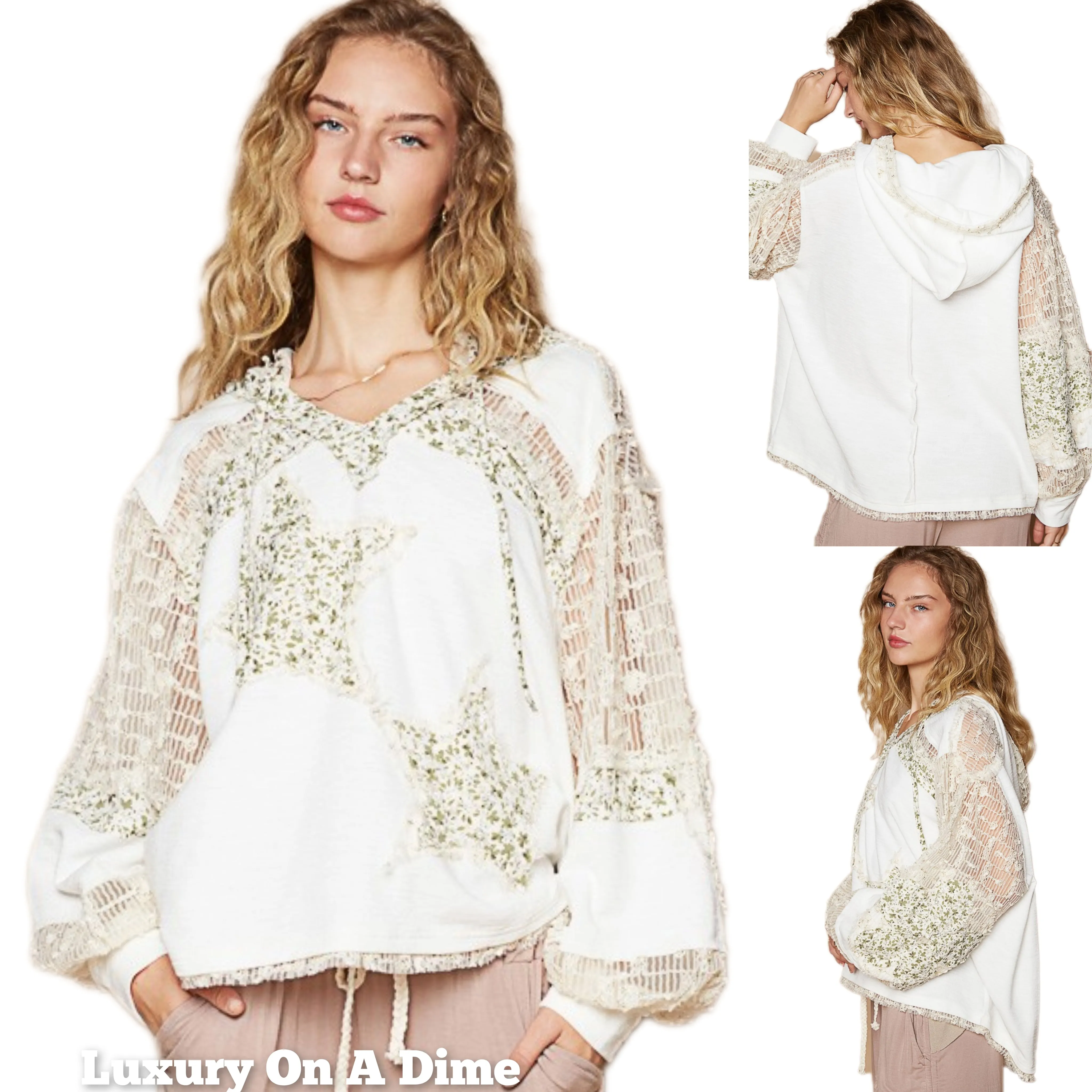 POL Lace Hoodie Star Floral Patchwork Pullover Hippie Top Long Sleeve Boho Shirt