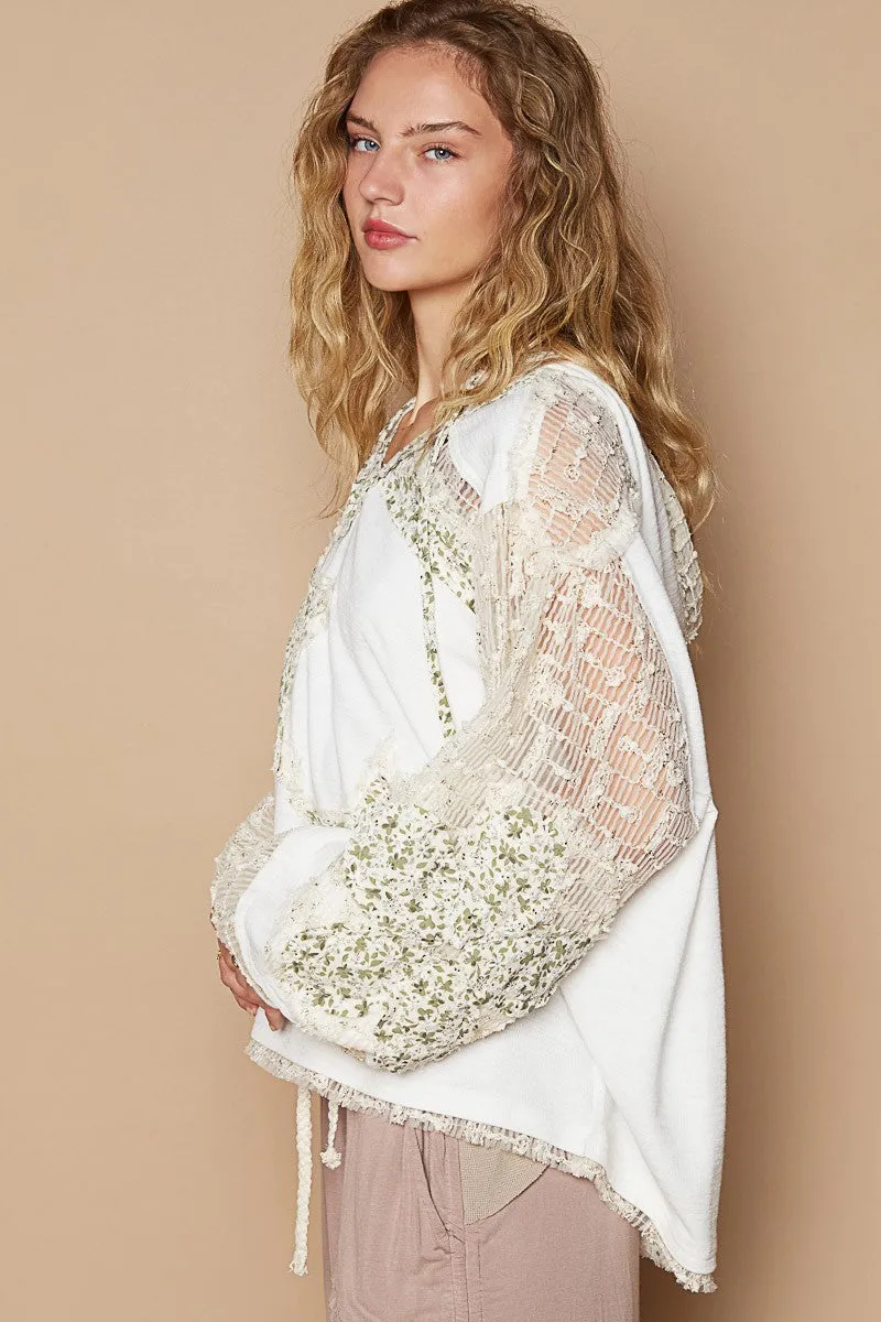 POL Lace Hoodie Star Floral Patchwork Pullover Hippie Top Long Sleeve Boho Shirt