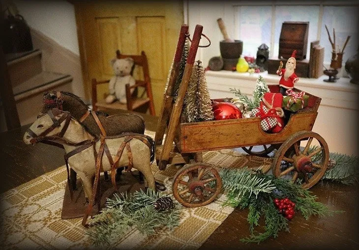 Pull Toy Horse Double Team Stenciled Cart