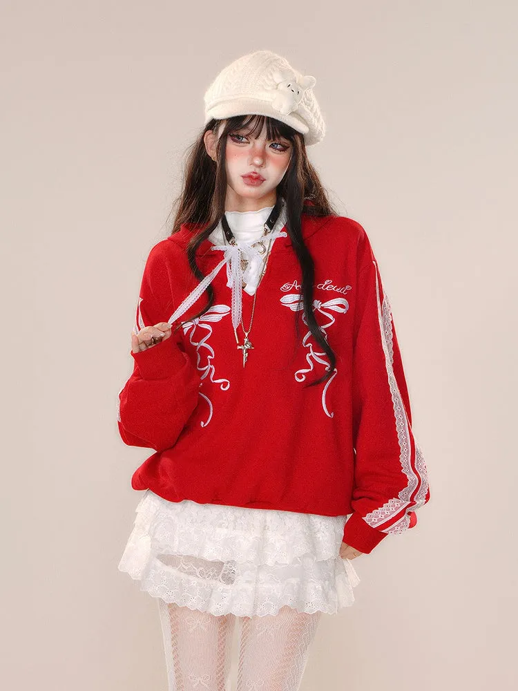 Red Lace-up Bowknot Embroidery Hoodie