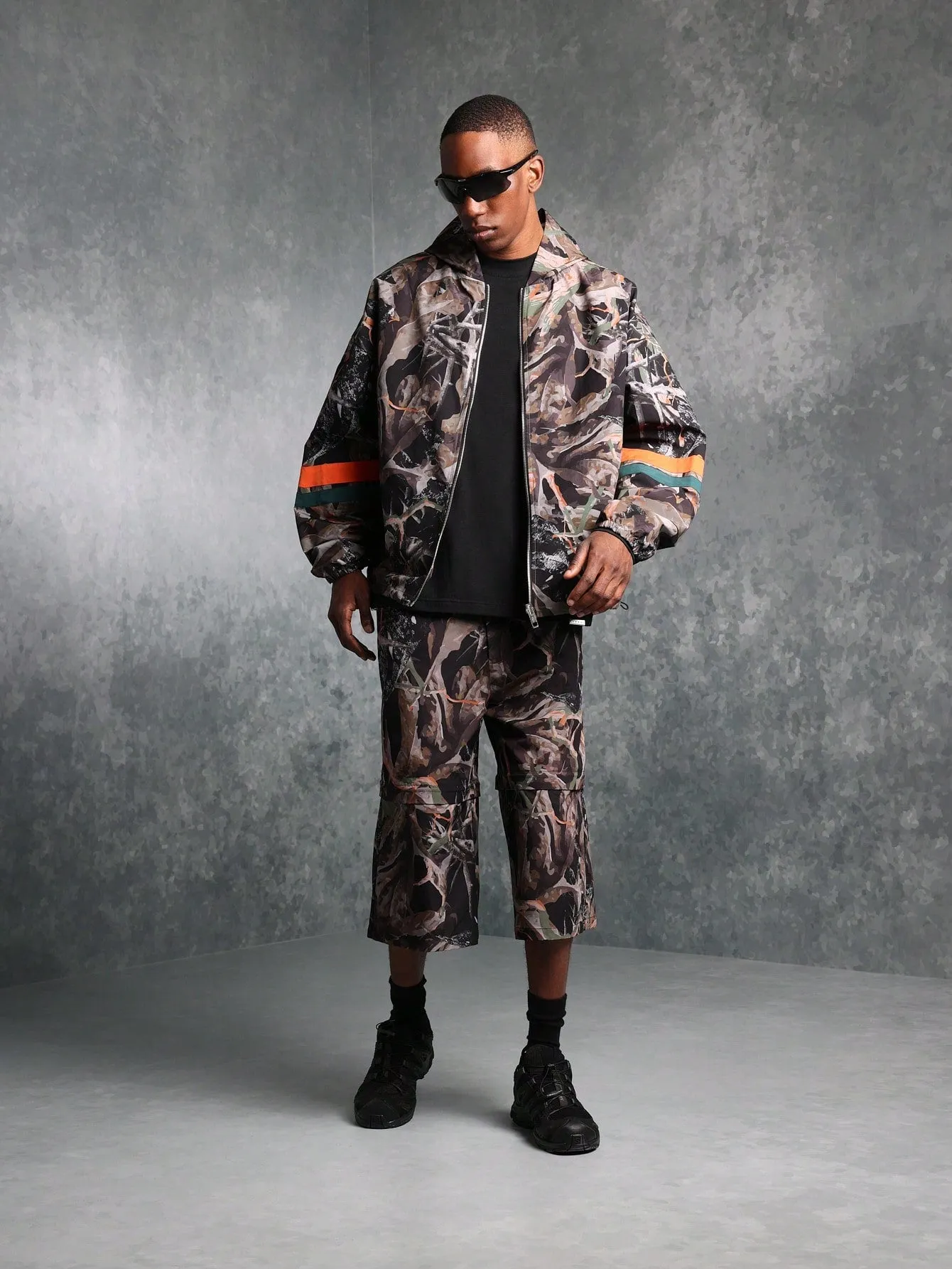 Regular Fit Camo Printed Zip Through Nylon Track Hoodie Jacket With Back Graphic Print