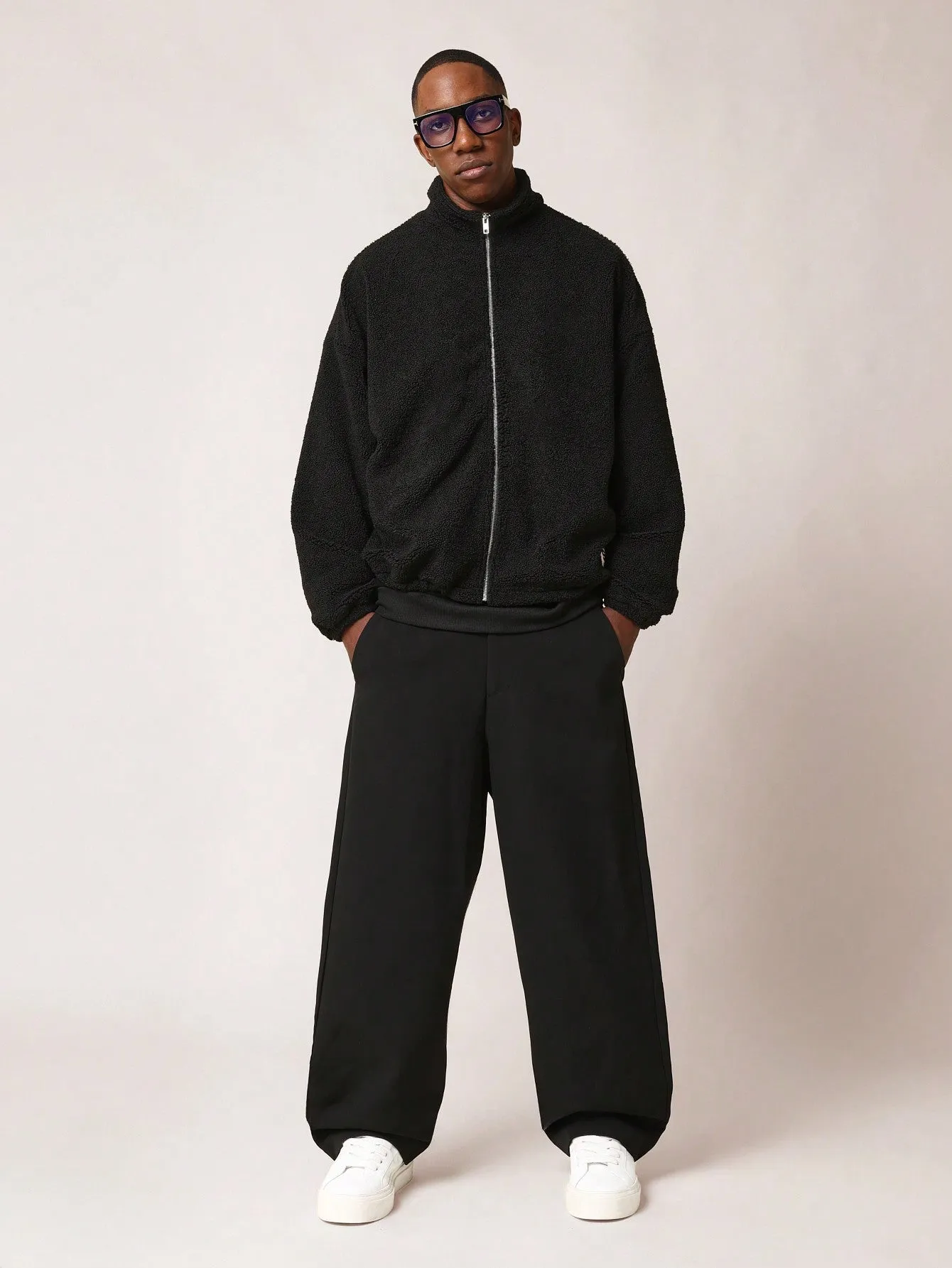 Regular Fit Funnel Neck Zip Through Borg Track Jacket