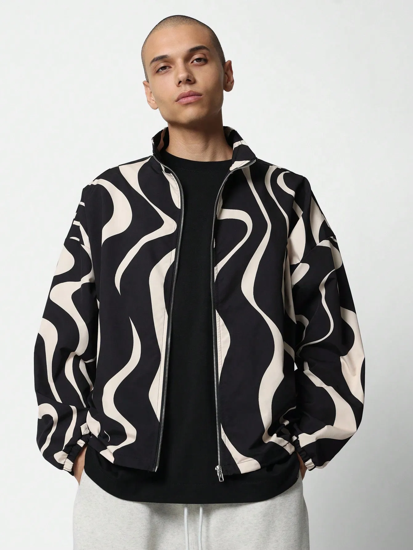 Regular Fit Zip-Up Funnel Neck Swirl Nylon Track Jacket