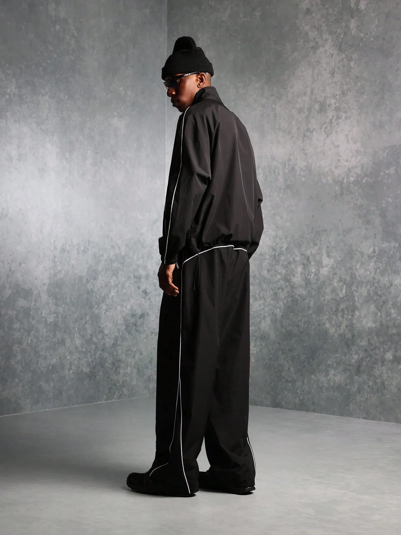 Regular Fit Zip-Up Funnel Nylon Track Jacket With Piping