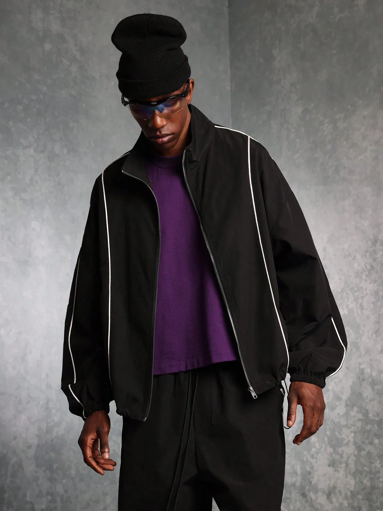 Regular Fit Zip-Up Funnel Nylon Track Jacket With Piping