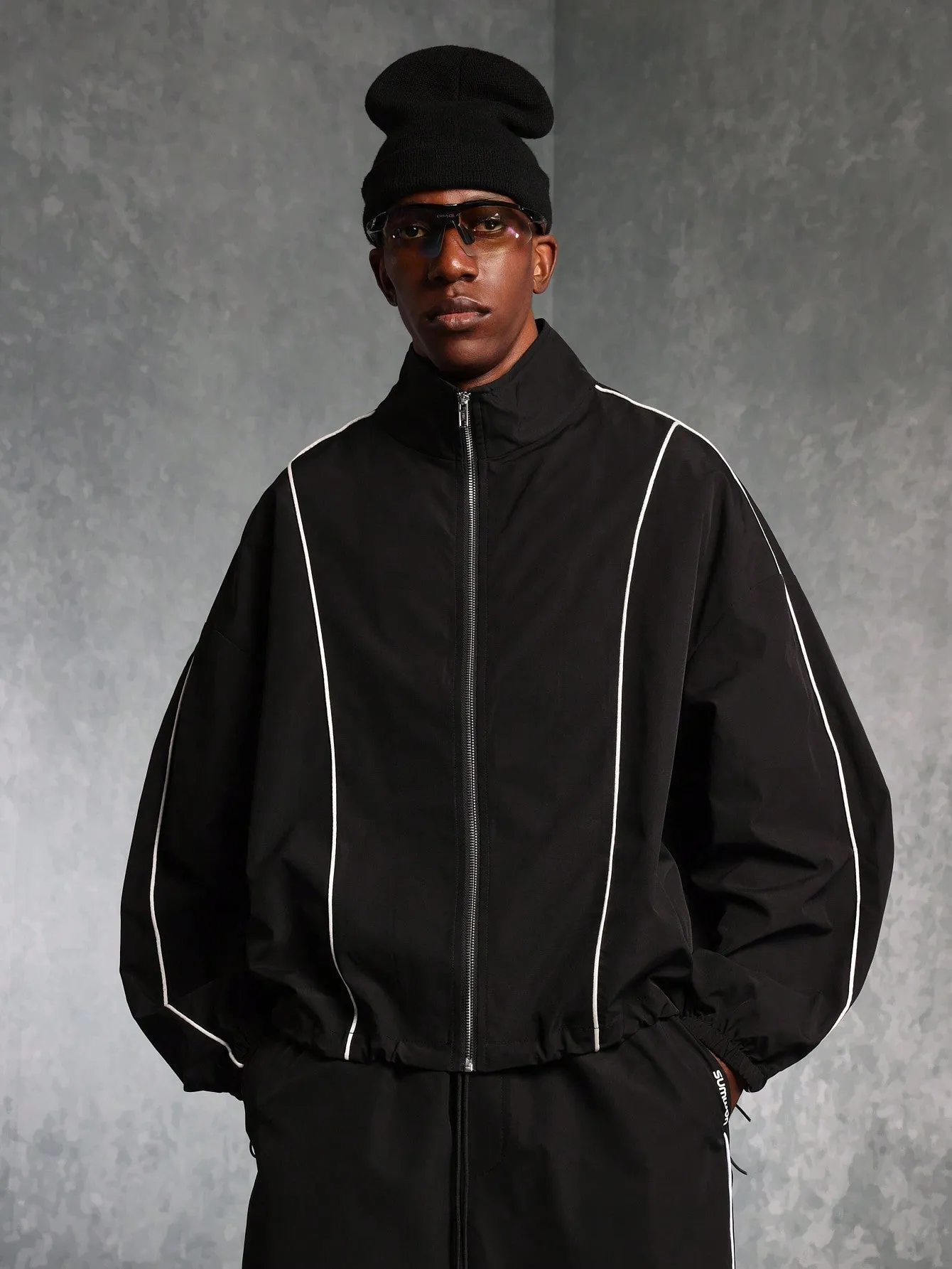 Regular Fit Zip-Up Funnel Nylon Track Jacket With Piping