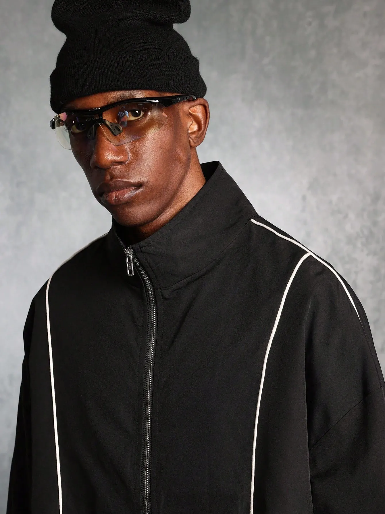 Regular Fit Zip-Up Funnel Nylon Track Jacket With Piping