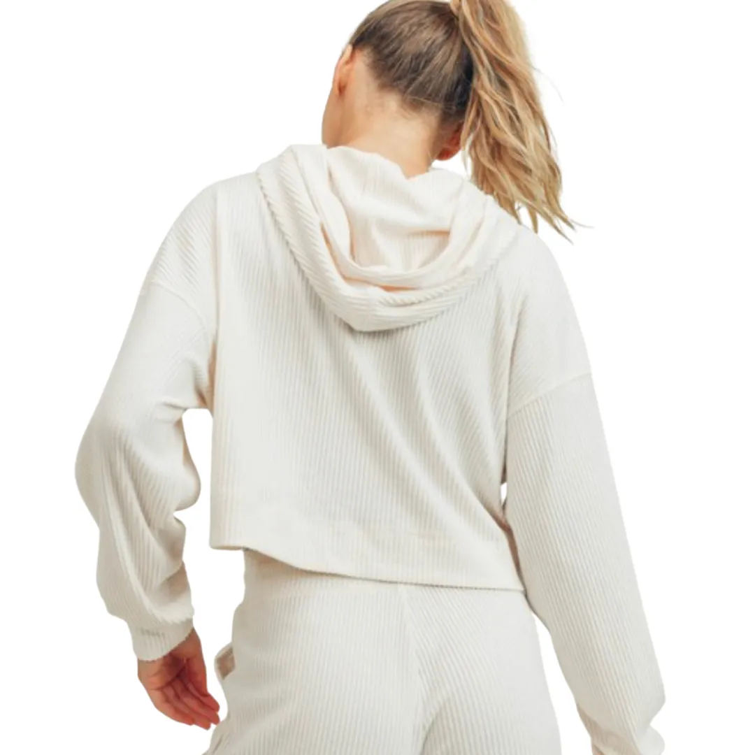 Ribbed Cropped Hoodie - Ivory