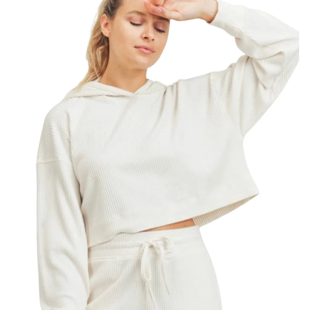 Ribbed Cropped Hoodie - Ivory