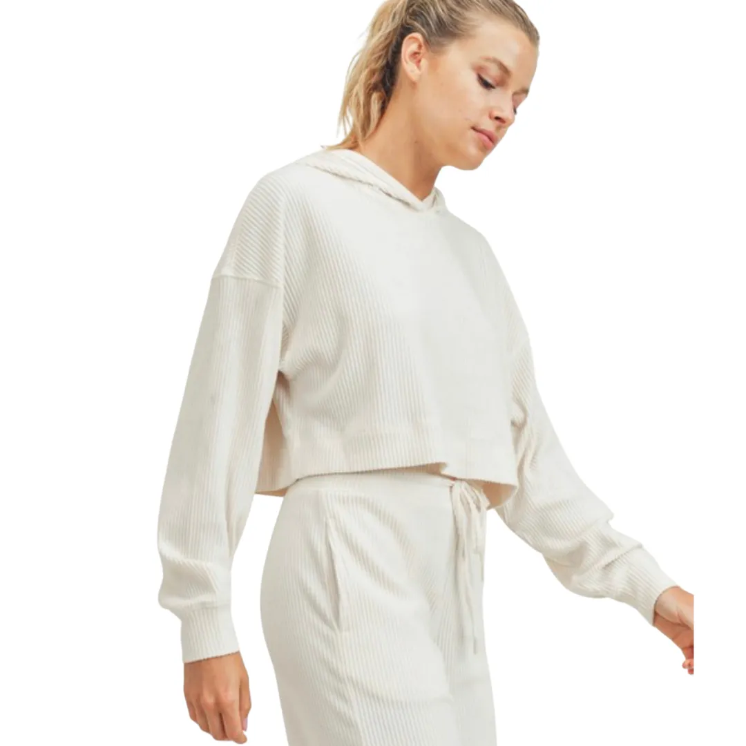 Ribbed Cropped Hoodie - Ivory