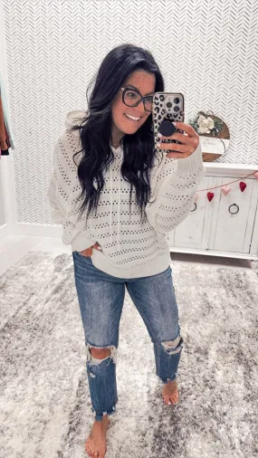 Staccato Crochet Ivory Dolman Hoodie Pullover