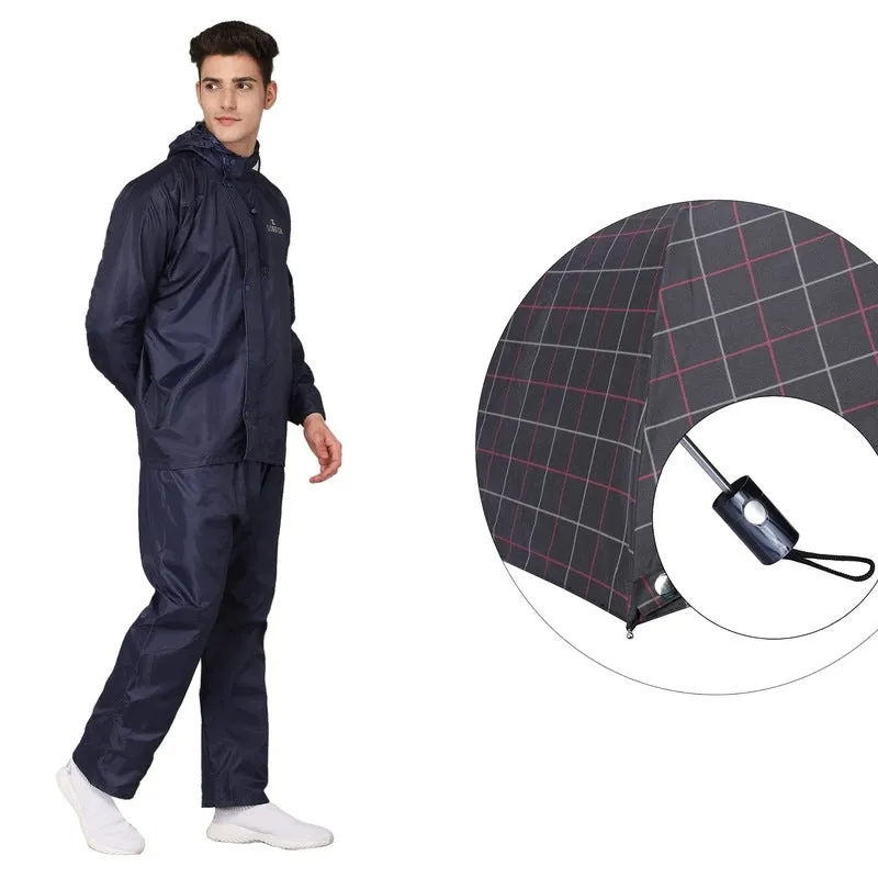 THE CLOWNFISH Combo Of Rain Coat for Men Waterproof Polyester (Blue XL) Umbrella 3 Fold Waterproof Pongee (Checks Design- Dark Pink)