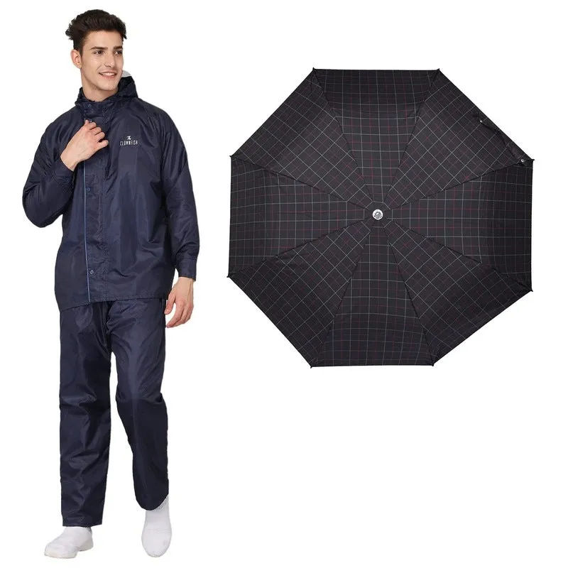THE CLOWNFISH Combo Of Rain Coat for Men Waterproof Polyester (Blue XL) Umbrella 3 Fold Waterproof Pongee (Checks Design- Dark Pink)