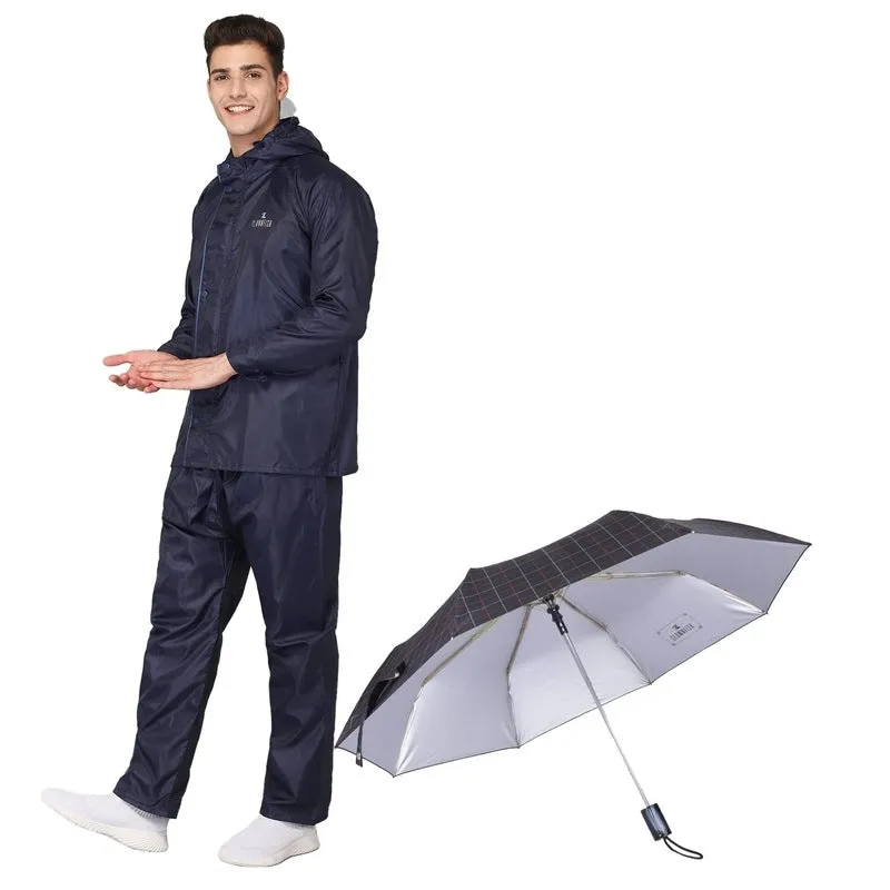 THE CLOWNFISH Combo Of Rain Coat for Men Waterproof Polyester (Blue XL) Umbrella 3 Fold Waterproof Pongee (Checks Design- Dark Pink)