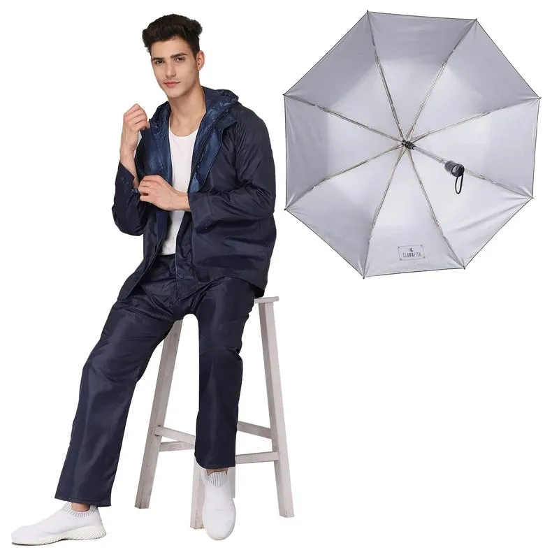 THE CLOWNFISH Combo Of Rain Coat for Men Waterproof Polyester (Blue XL) Umbrella 3 Fold Waterproof Pongee (Checks Design- Dark Pink)
