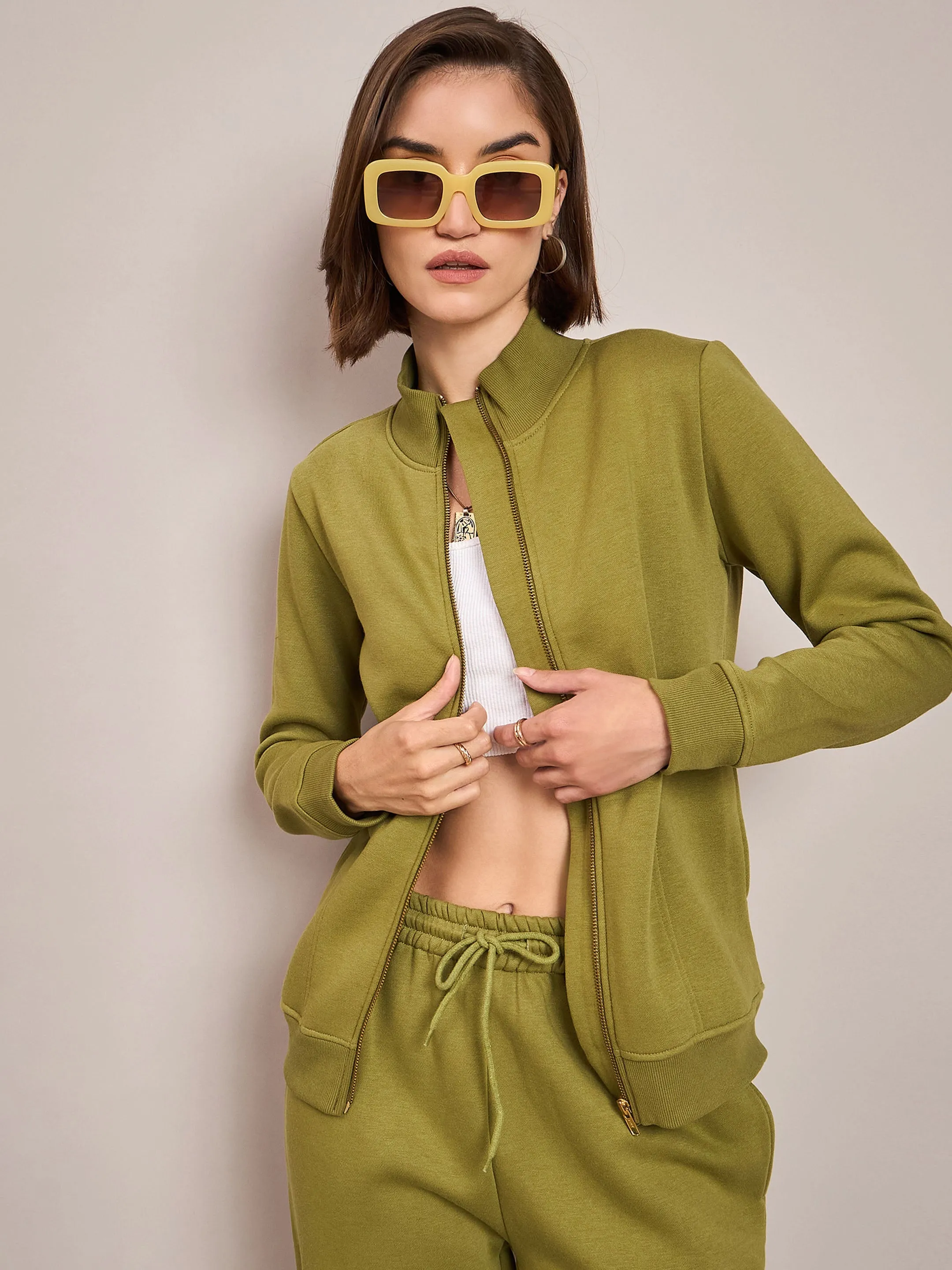 Women Olive Fleece Zipper Jacket With Track Pant