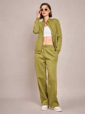 Women Olive Fleece Zipper Jacket With Track Pant