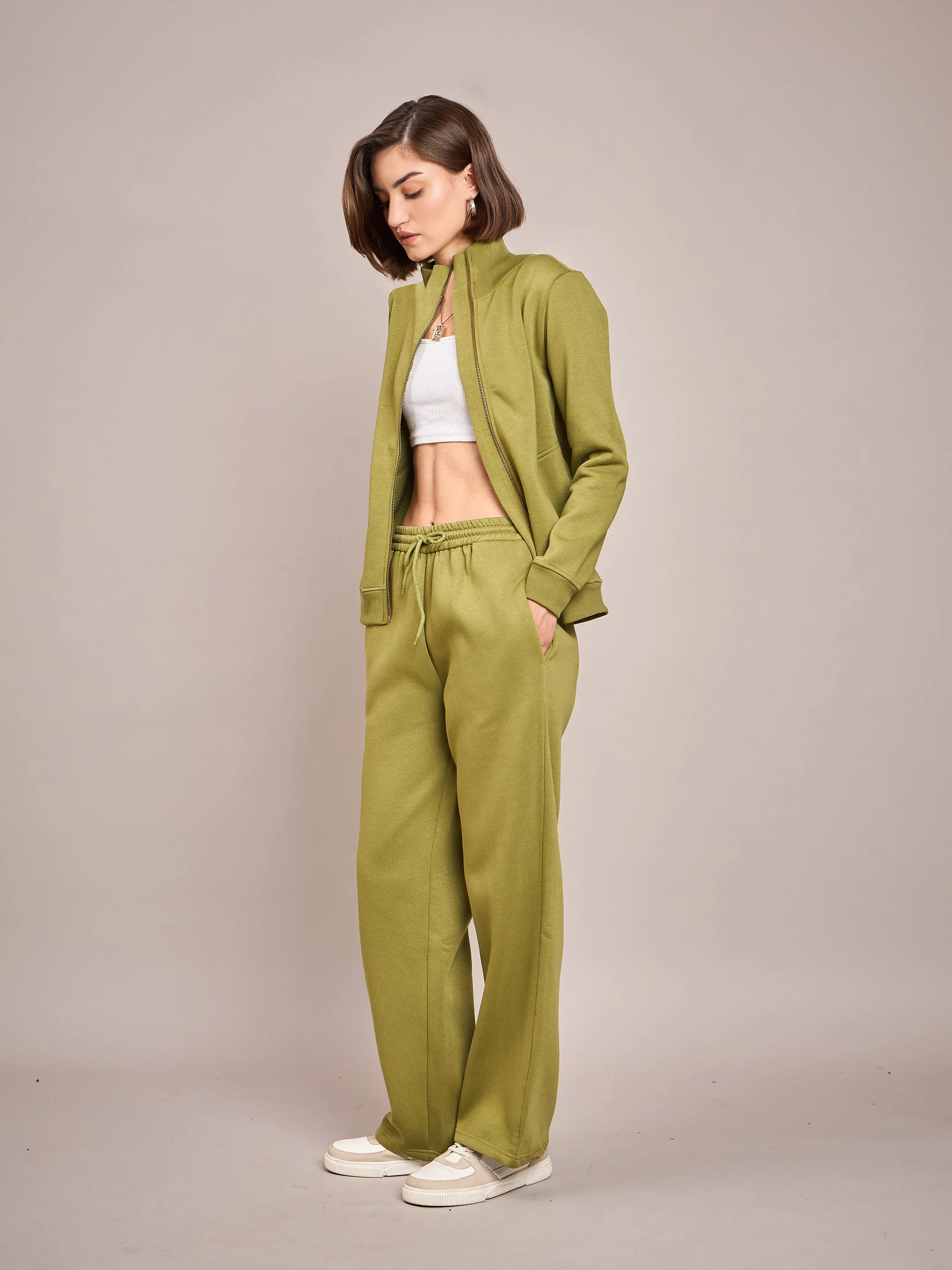 Women Olive Fleece Zipper Jacket With Track Pant