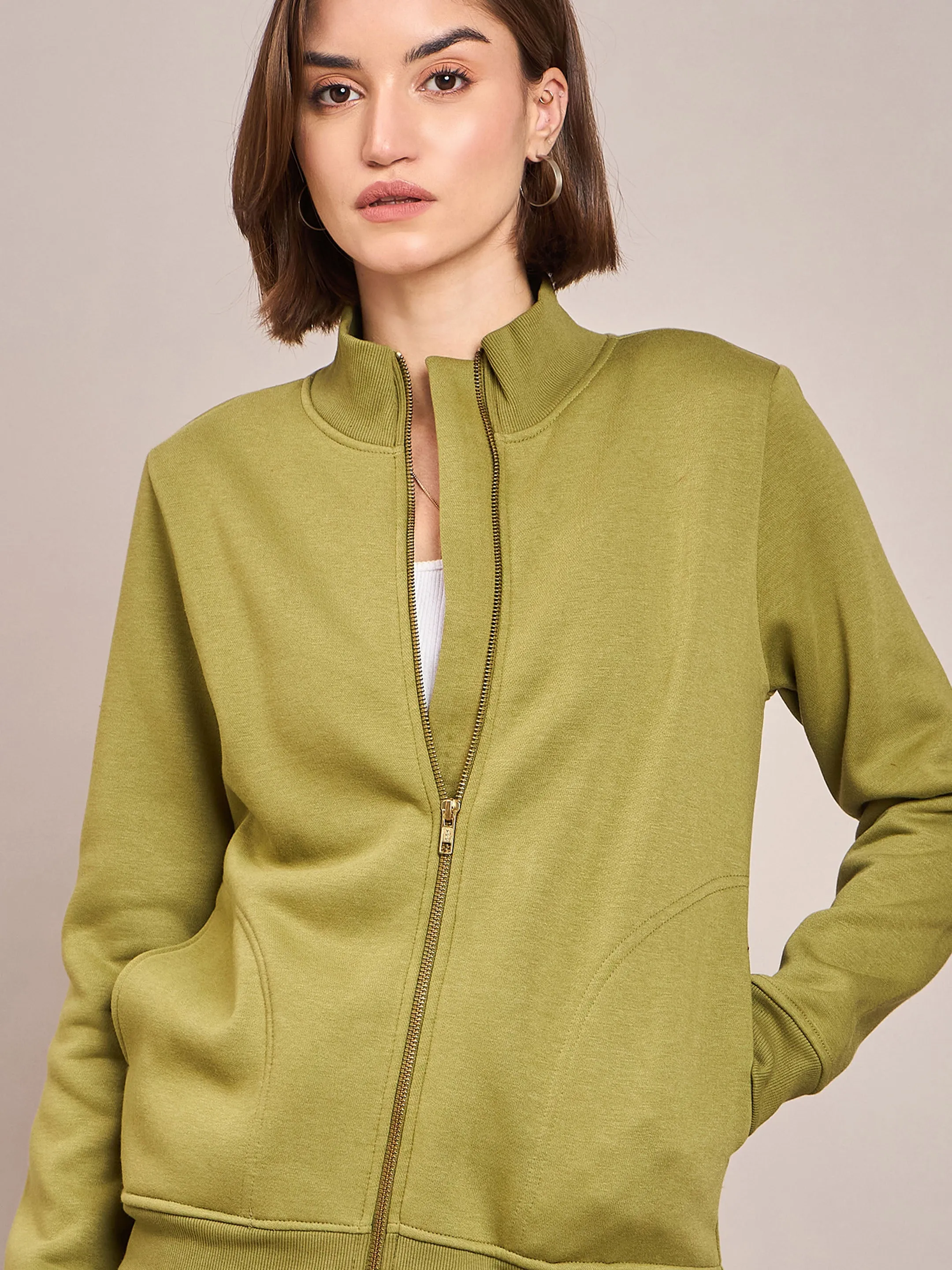 Women Olive Fleece Zipper Jacket With Track Pant