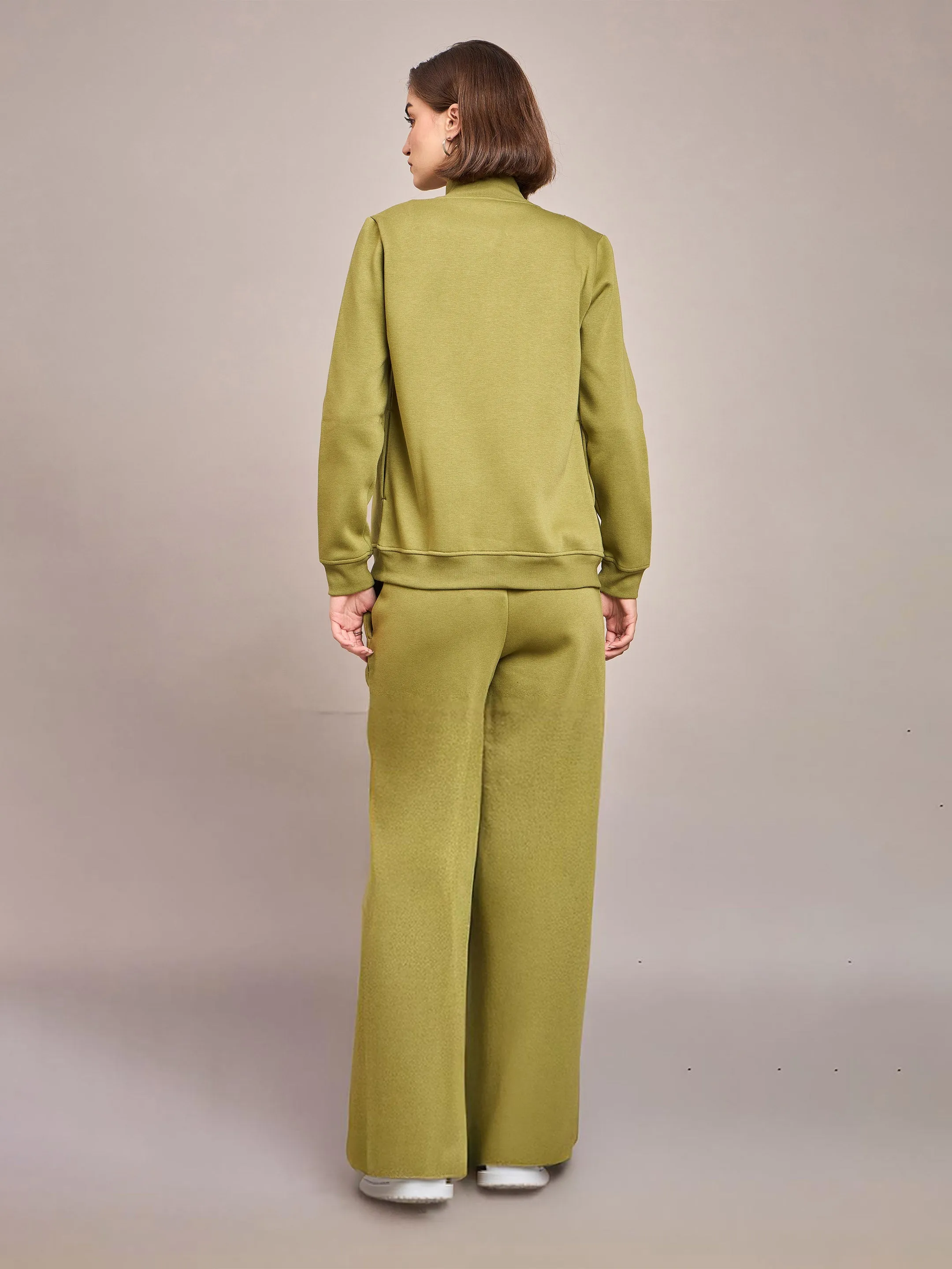 Women Olive Fleece Zipper Jacket With Track Pant