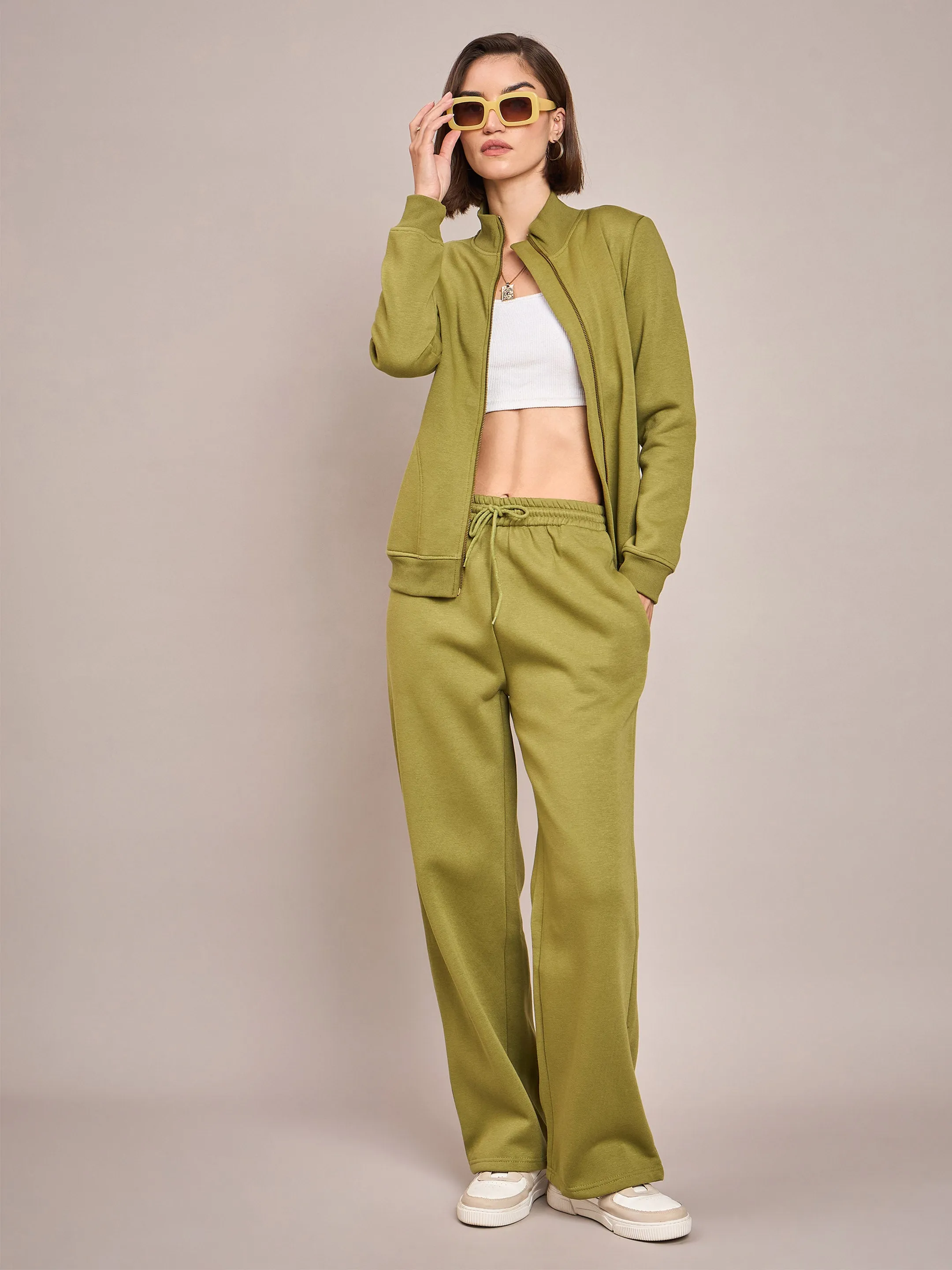 Women Olive Fleece Zipper Jacket With Track Pant