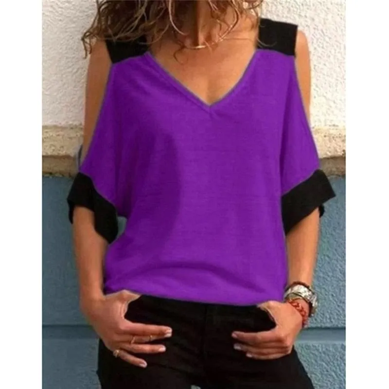 Womens Bare Shoulder V Neck Casual Summer Tops 4 Colors 5 Sizes S-5XL