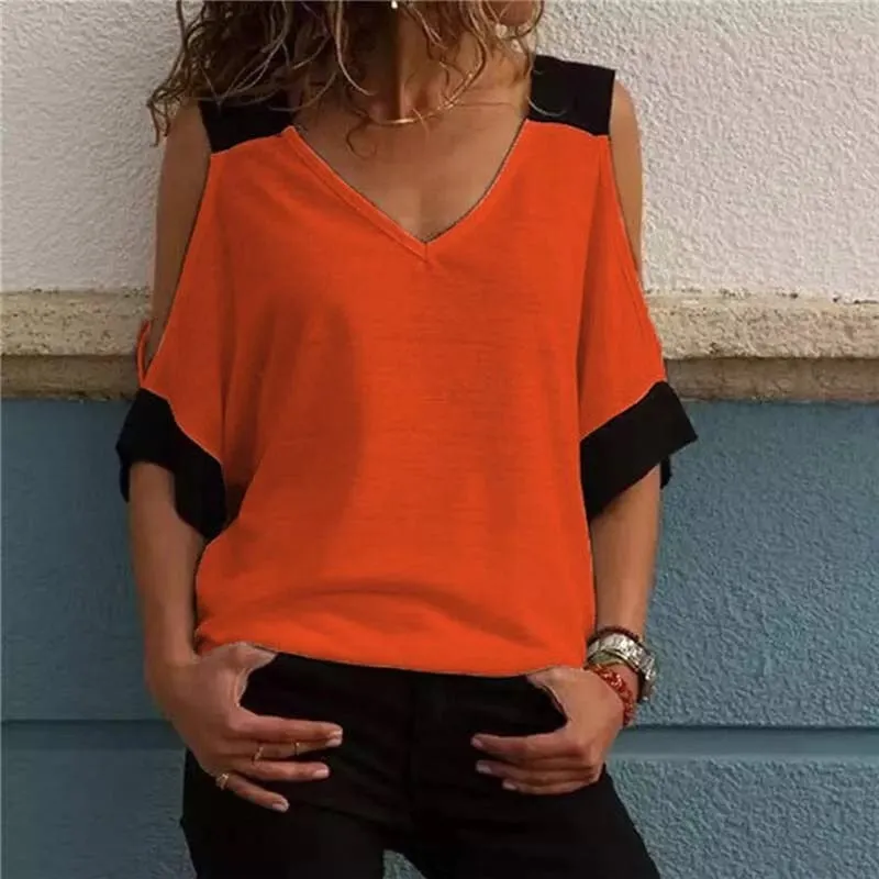 Womens Bare Shoulder V Neck Casual Summer Tops 4 Colors 5 Sizes S-5XL