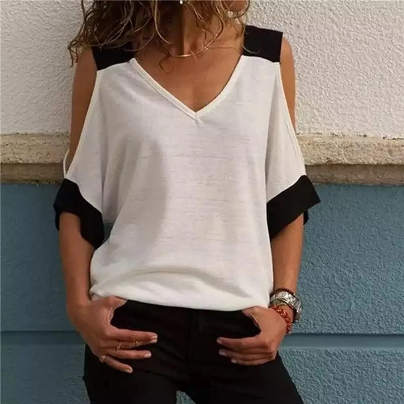 Womens Bare Shoulder V Neck Casual Summer Tops 4 Colors 5 Sizes S-5XL