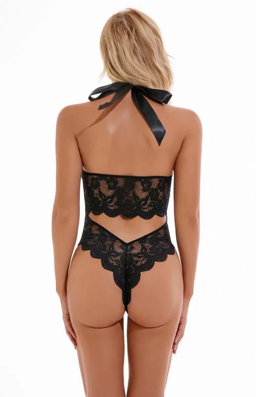 Women's Sexy Lace Deep V Front Bodysuit With Neck Tie Design